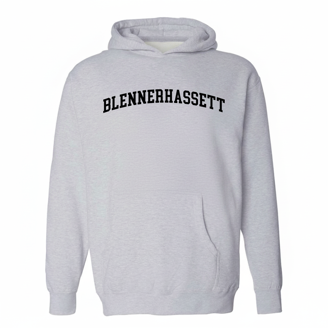 Heather-gray hoodie with the Blennerhassett varsity arched lettering design on the chest.
