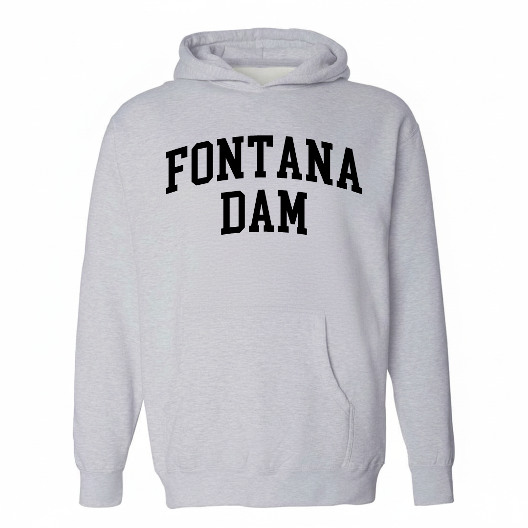 Heather-gray hoodie with the Fontana Dam varsity arched lettering design on the chest.
