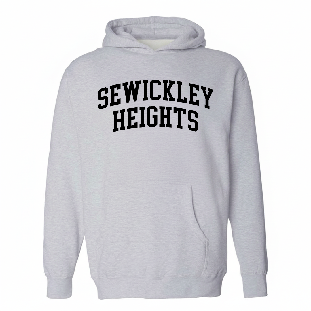 Heather-gray hoodie with the Sewickley Heights varsity arched lettering design on the chest.