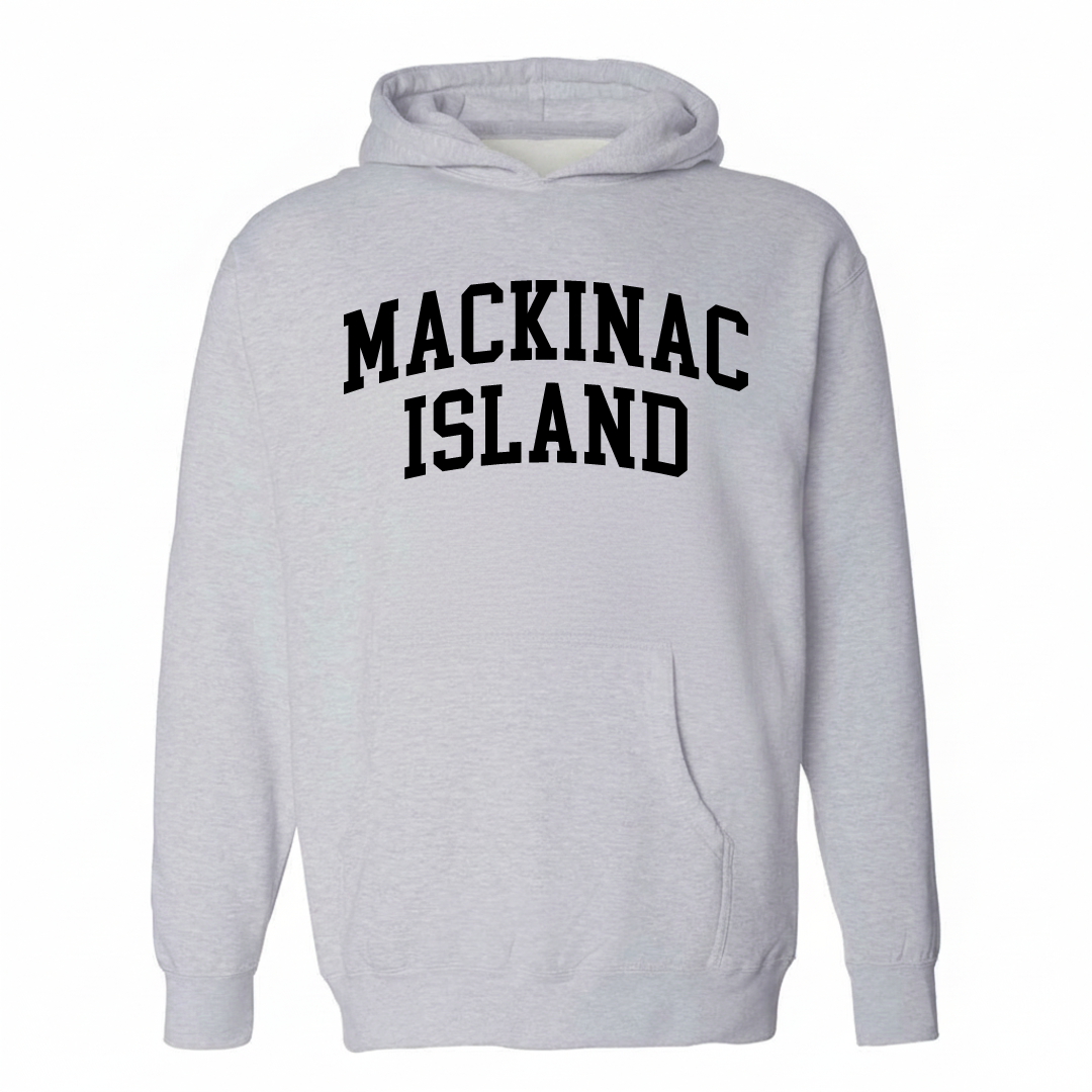 Heather-gray hoodie with the Mackinac Island varsity arched lettering design on the chest.