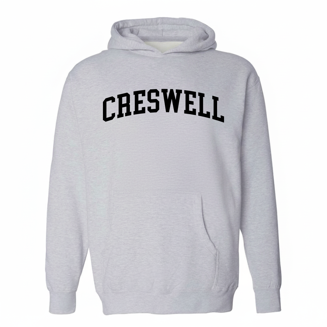 Heather-gray hoodie with the Creswell varsity arched lettering design on the chest.