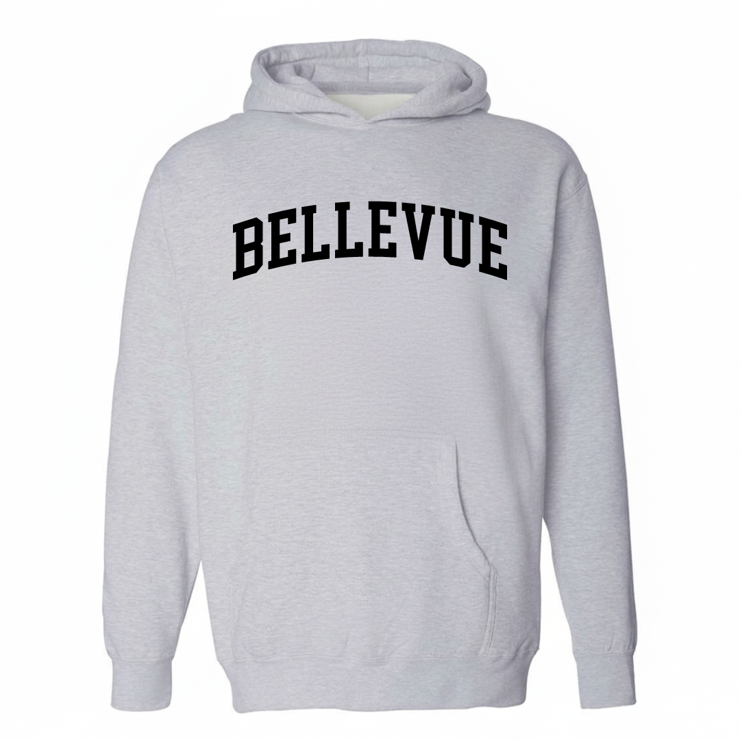 Heather-gray hoodie with the Bellevue varsity arched lettering design on the chest.