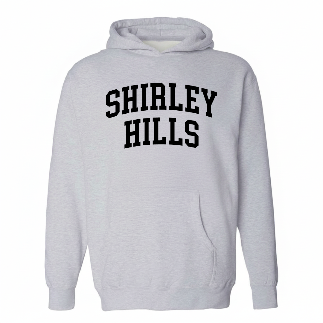 Heather-gray hoodie with the Shirley Hills arched varsity lettering design on the chest.
