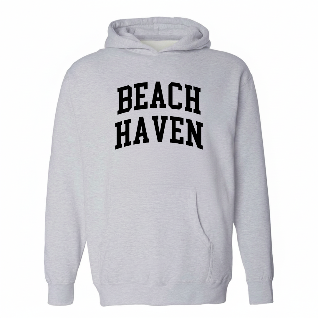 Heather-gray hoodie with the Beach Haven varsity arched lettering design on the chest.