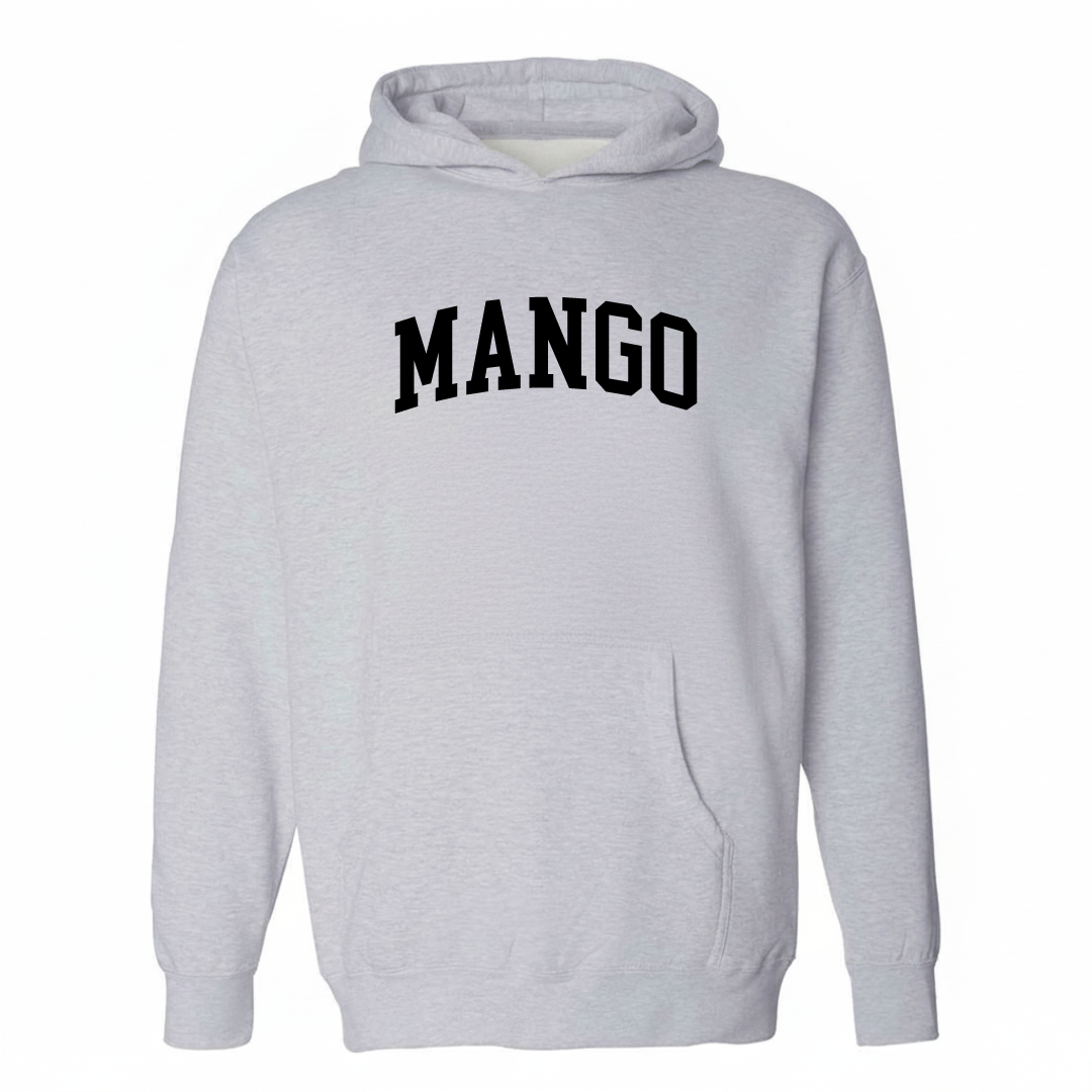 Heather-gray hoodie with the Mango arched lettering design on the chest.