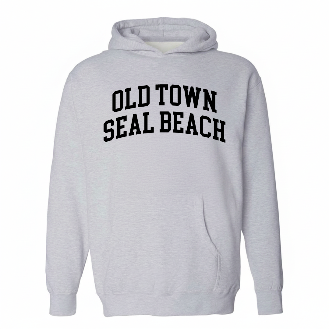 Heather-gray hoodie with the Old Town Seal Beach varsity arched lettering design on the chest.