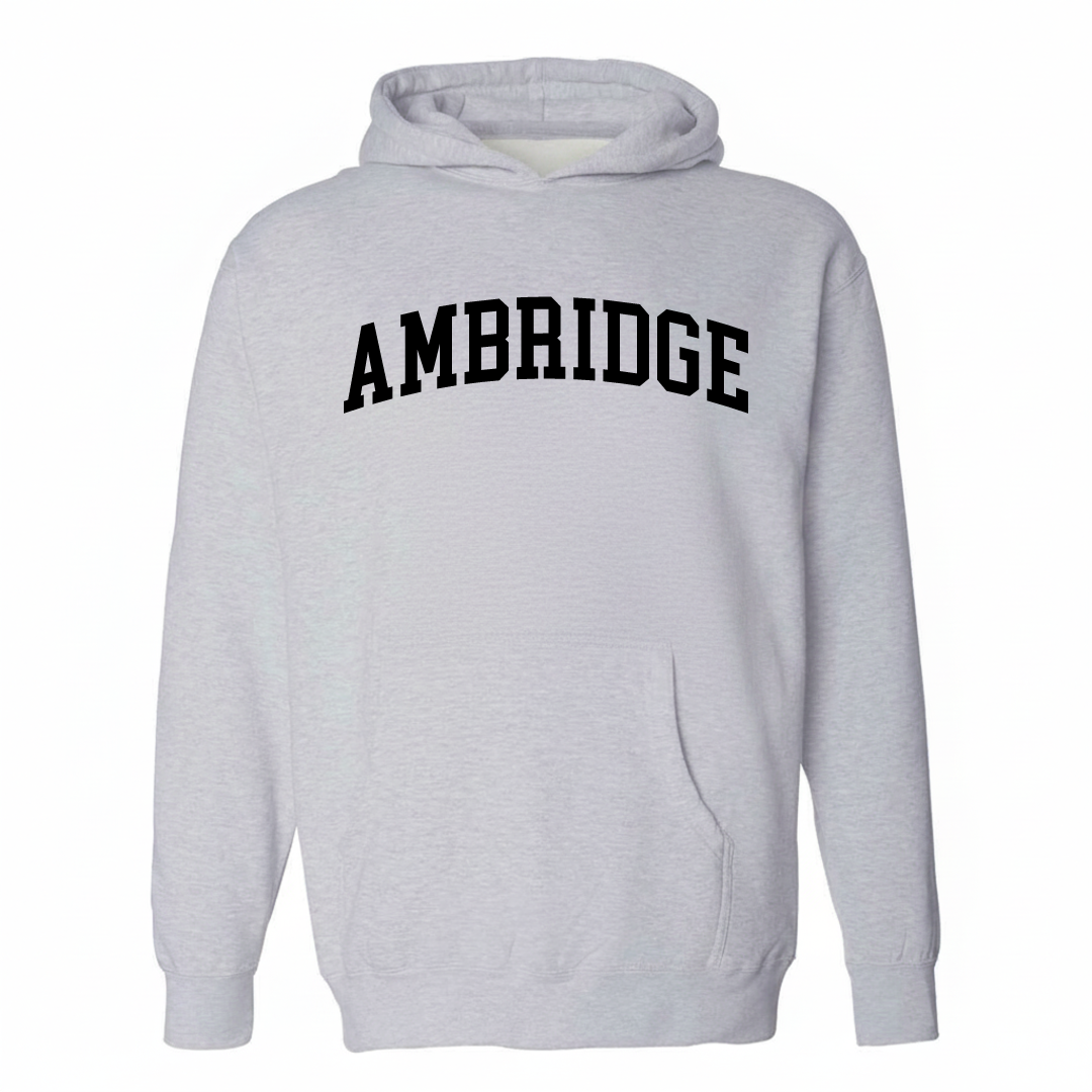 Heather-gray hoodie with the Ambridge arched lettering design on the chest.