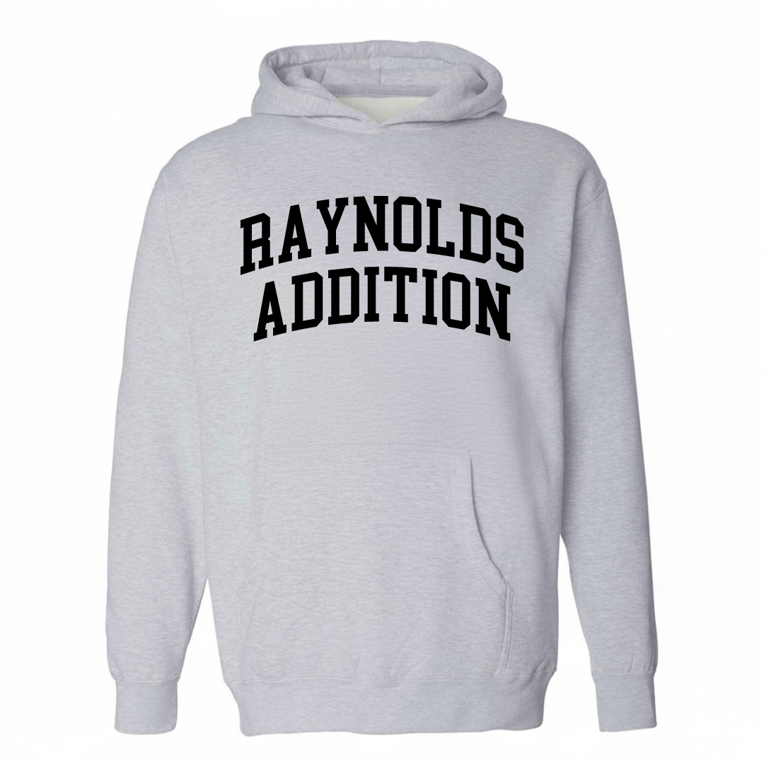 Heather-gray hoodie with the Raynolds Addition varsity arched lettering design on the chest.