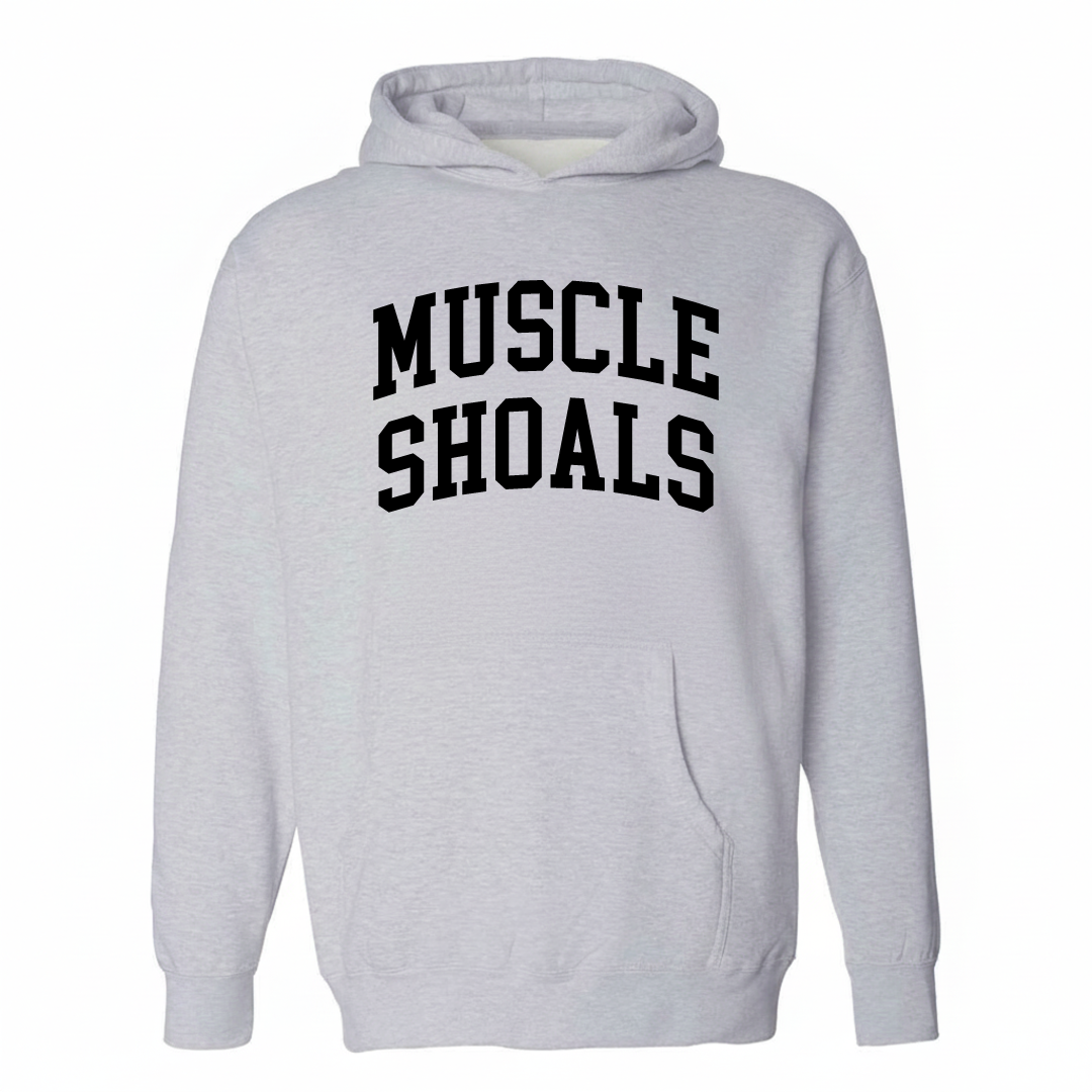 Heather-gray hoodie with the Muscle Shoals varsity arched lettering design on the chest.