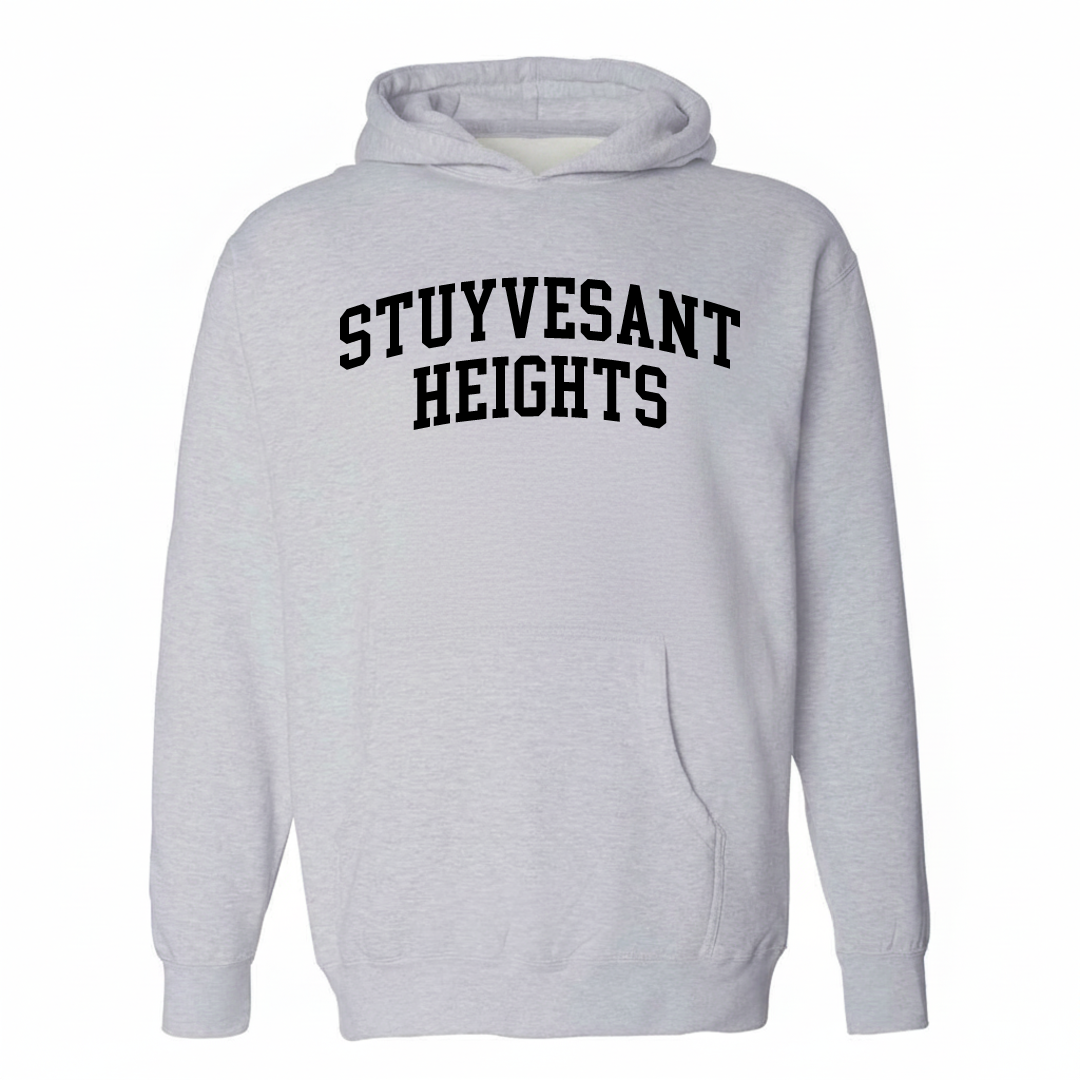 Heather-gray hoodie with the Stuyvesant Heights varsity arched lettering design on the chest.