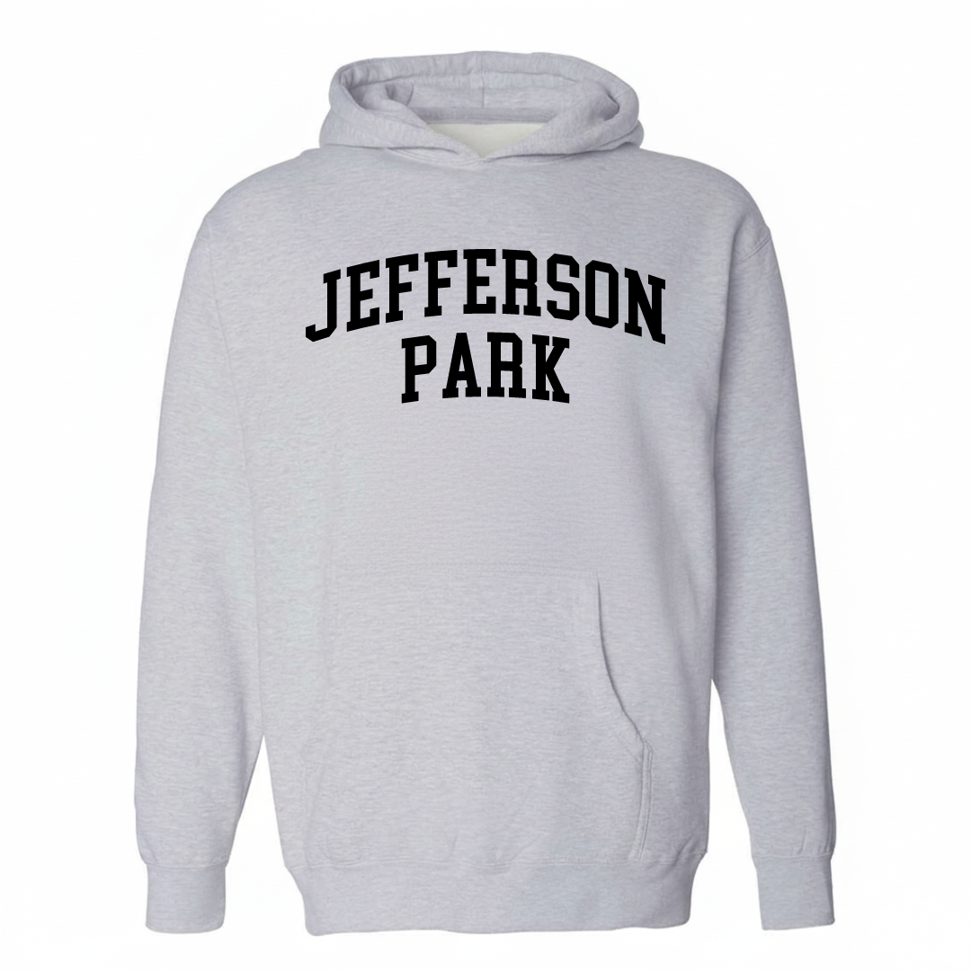 Heather-gray hoodie with the Jefferson Park varsity arched lettering design on the chest.