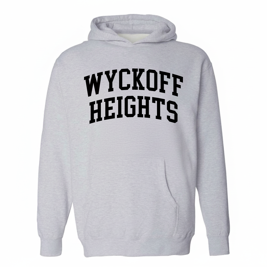 Heather-gray hoodie with the Wyckoff Heights arched lettering design on the chest.
