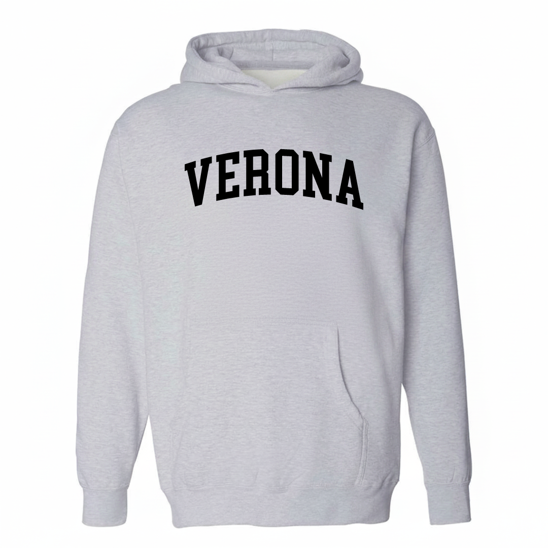 Heather-gray hoodie with the Verona arched lettering varsity-collegiate design on the chest.