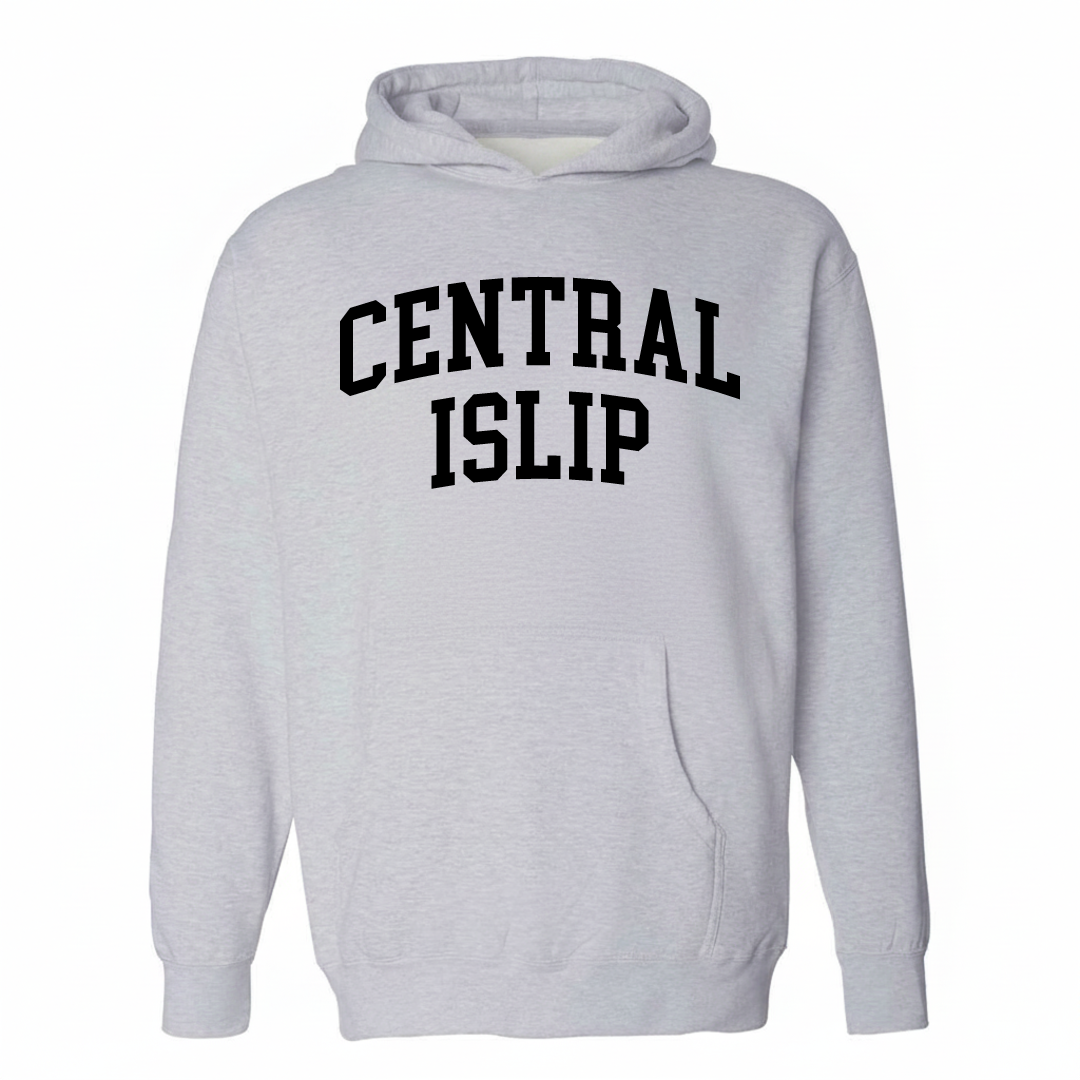 Heather-gray hoodie with the Central Islip varsity arched lettering design on the chest.