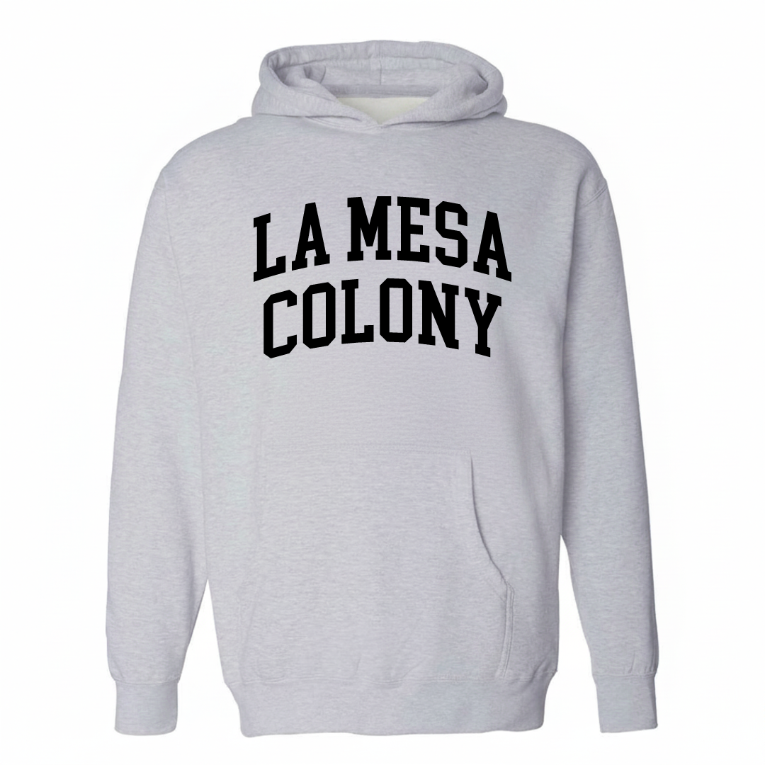 Heather-gray hoodie with the La Mesa Colony varsity arched lettering design on the chest.