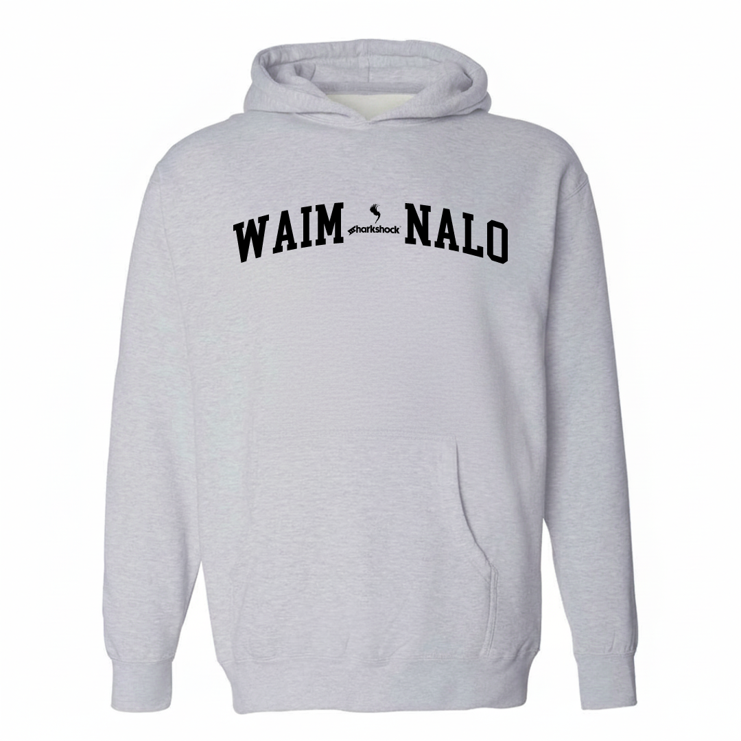 Heather-gray hoodie with the Waimānalo arched lettering design on the chest.