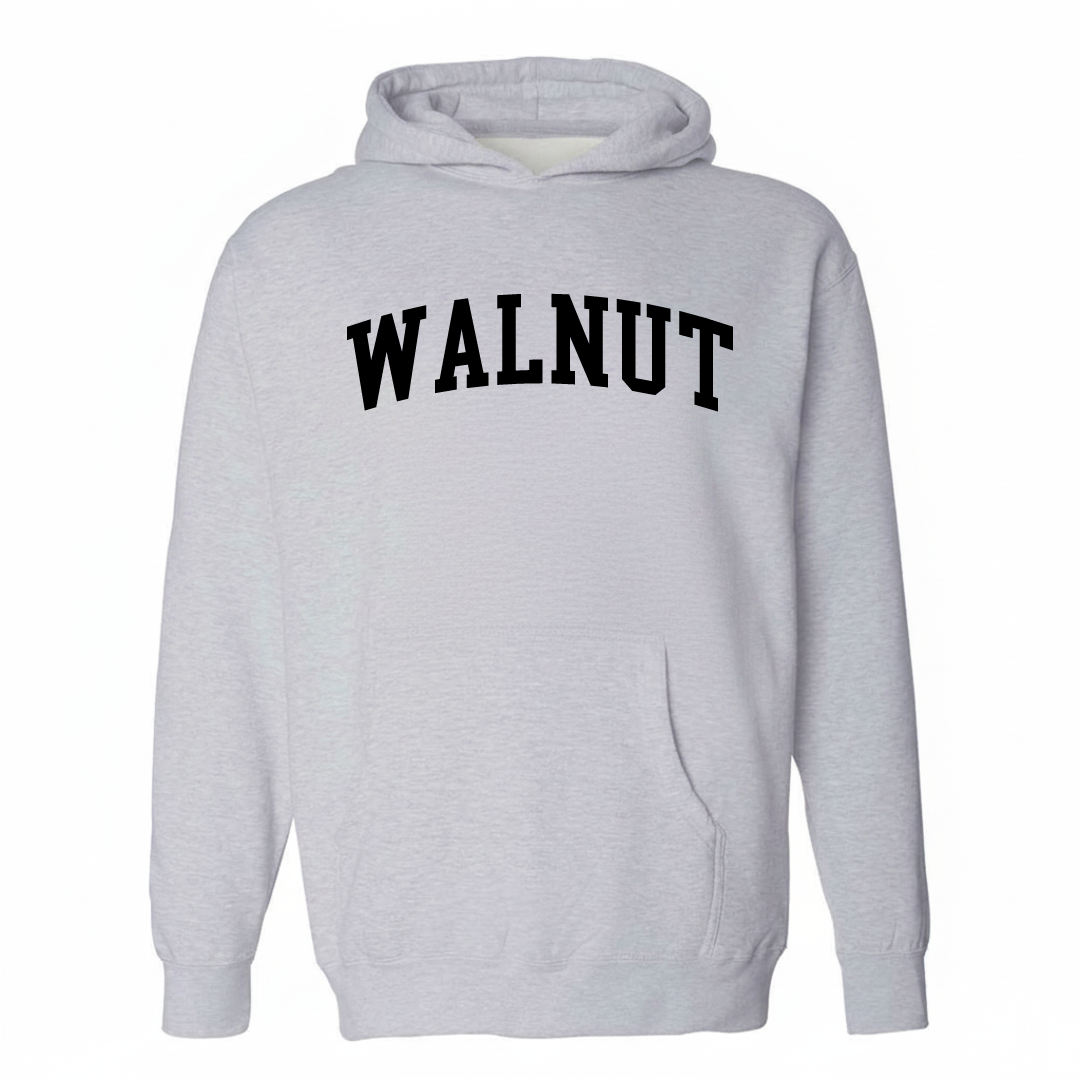 Heather-gray hoodie with the Walnut, IL varsity arched lettering design on the chest.