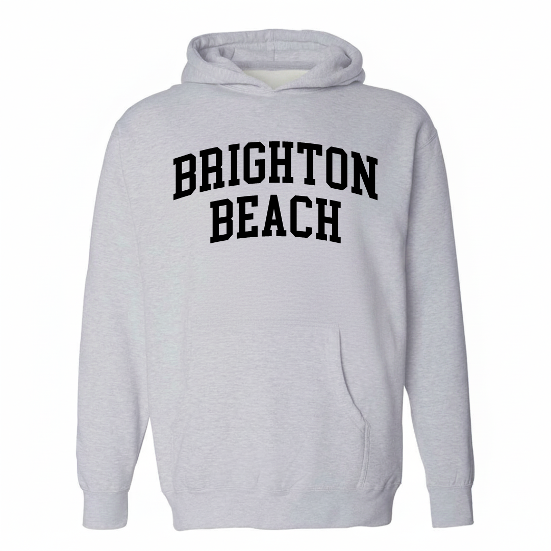 Heather-gray hoodie with the Brighton Beach varsity arched lettering design on the chest.