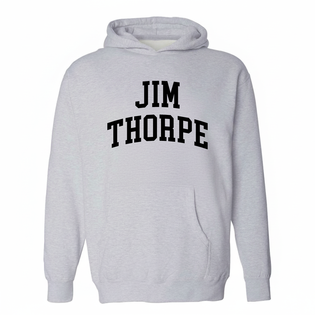 Heather-gray hoodie with the Jim Thorpe arched lettering varsity design on the chest.
