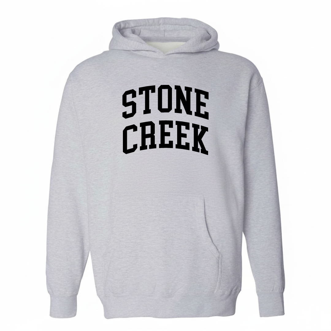 Heather-gray hoodie with the Stone Creek arched lettering design on the chest.