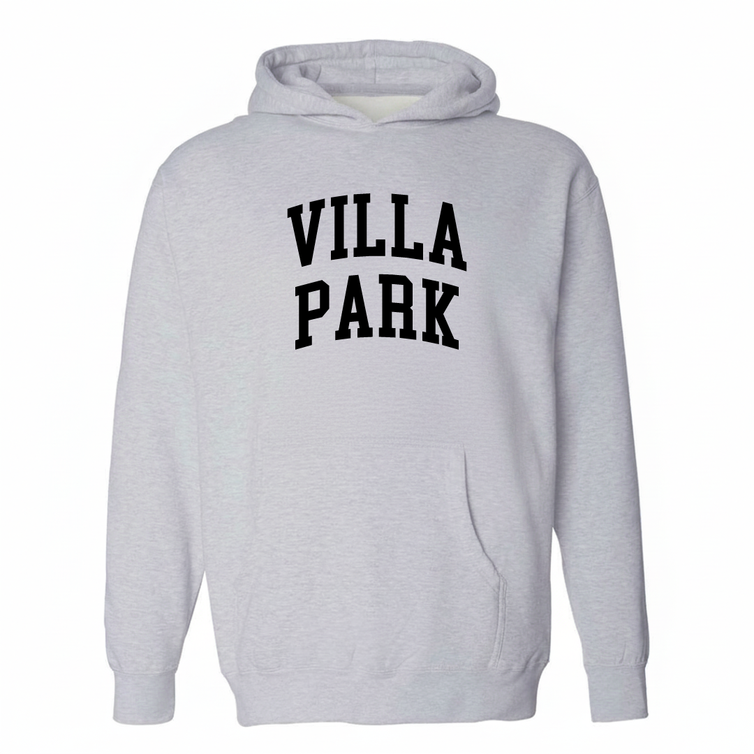 Heather-gray hoodie with the Villa Park arched varsity lettering design on the chest.