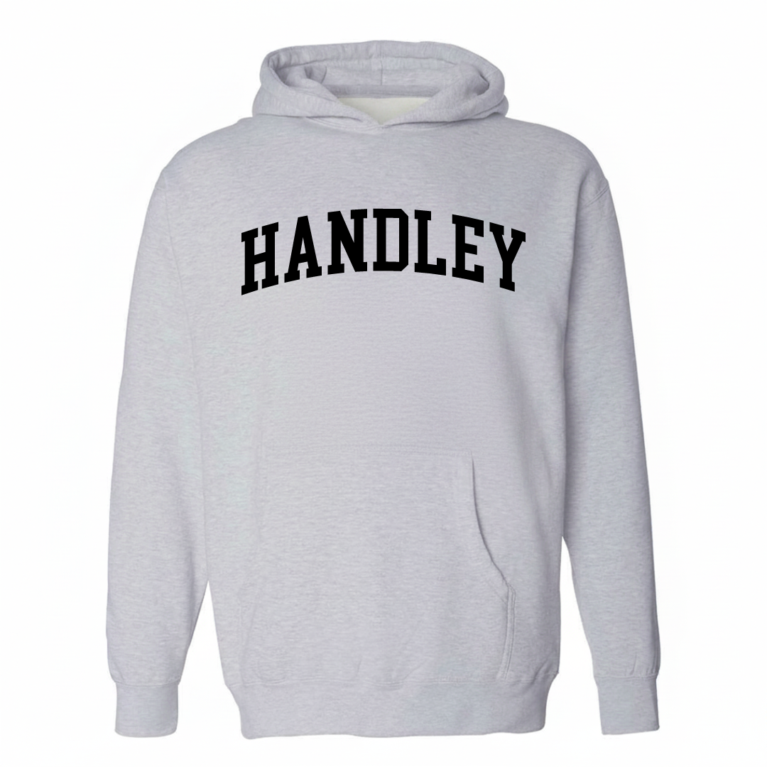Heather-gray hoodie with the Handley arched lettering design on the chest.