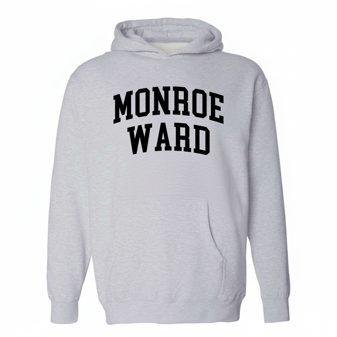 Heather-gray hoodie with the Monroe Ward arched lettering design on the chest.