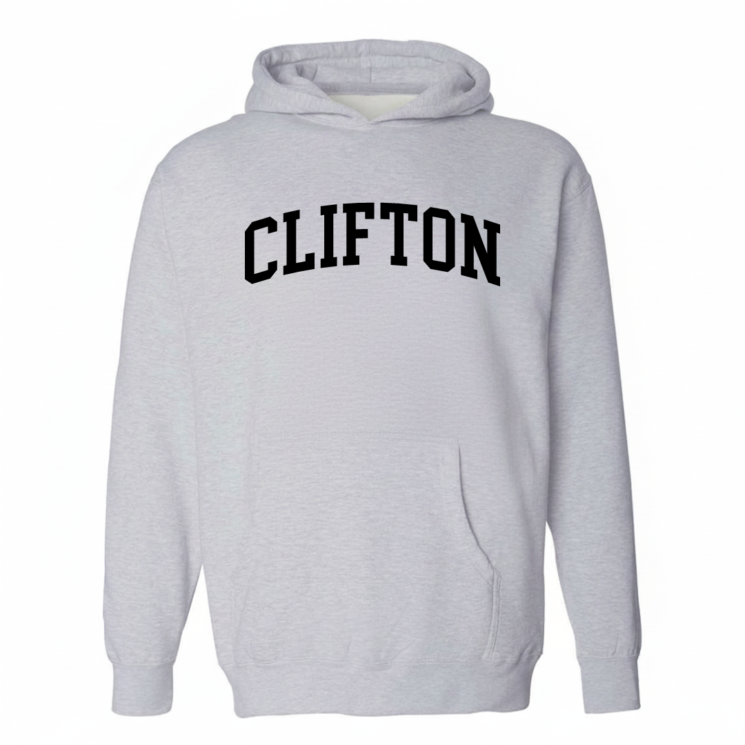 Heather-gray hoodie with the Clifton varsity arched lettering design on the chest.