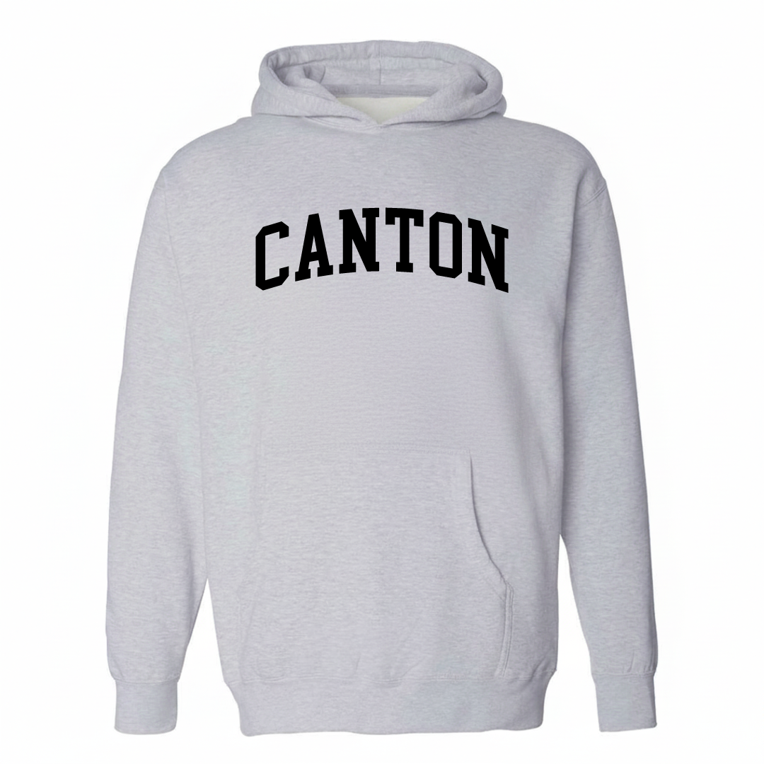 Heather-gray hoodie with the Canton arched varsity lettering design on the chest.