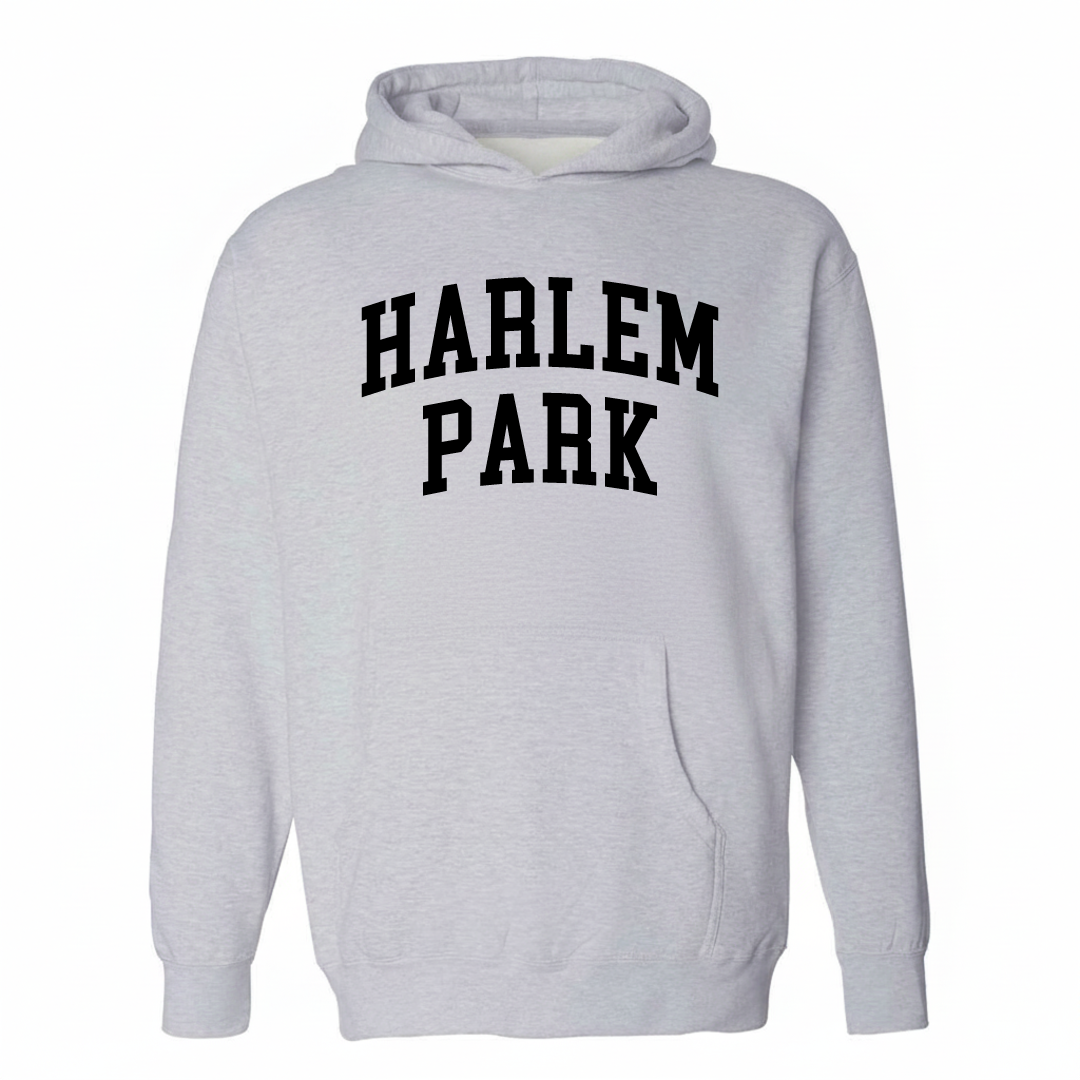 Heather-gray hoodie with the Harlem Park arched varsity lettering design on the chest.