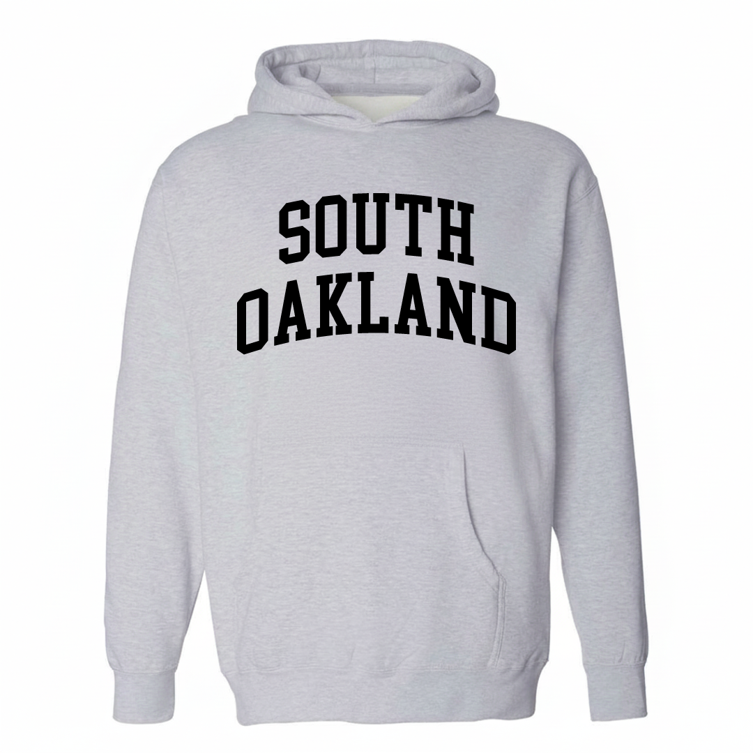 Heather-gray hoodie with the South Oakland arched lettering varsity-collegiate design on the chest.