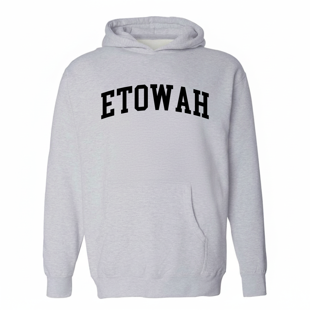 Heather-gray hoodie with the Etowah varsity arched lettering design on the chest.
