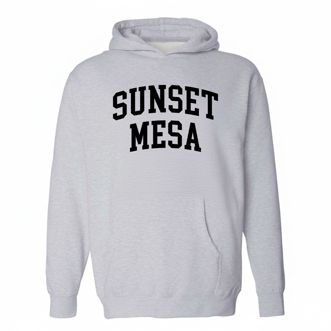 Heather-gray hoodie with the Sunset Mesa arched lettering design on the chest.