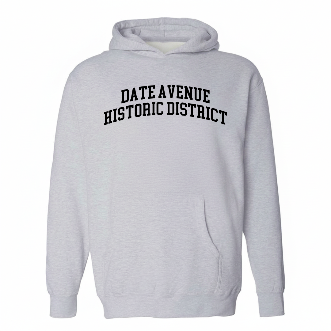 Heather-gray hoodie with the Date Avenue Historic District varsity arched lettering design on the chest.