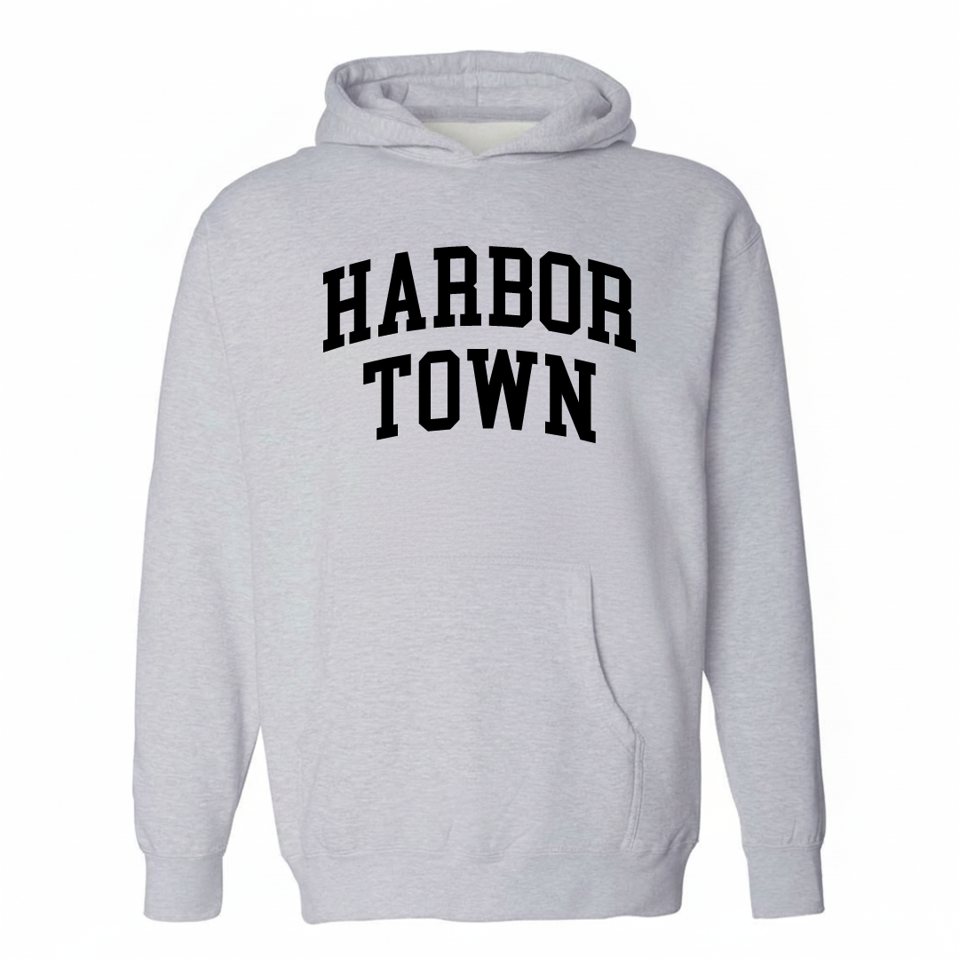 Heather-gray hoodie with the Harbor Town Mud Island Memphis arched lettering design on the chest.