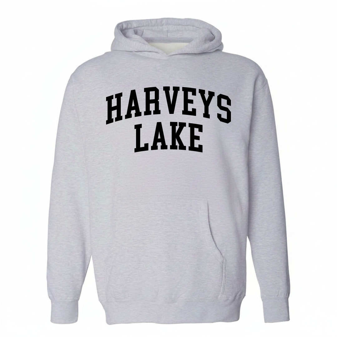 Heather-gray hoodie with the Harveys Lake varsity arched lettering design on the chest.