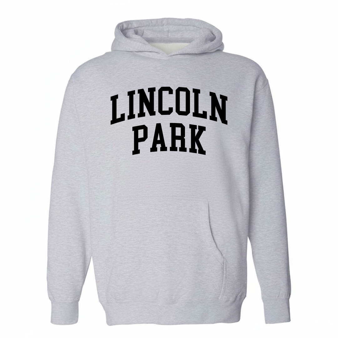 Heather-gray hoodie with the Lincoln Park arched lettering varsity-collegiate design on the chest.