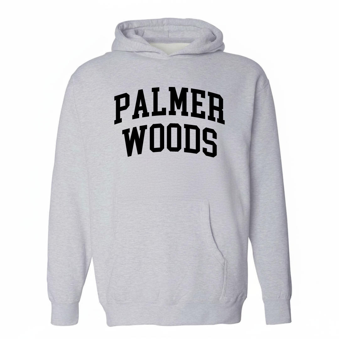 Heather-gray hoodie with the Palmer Woods varsity arched lettering design on the chest.