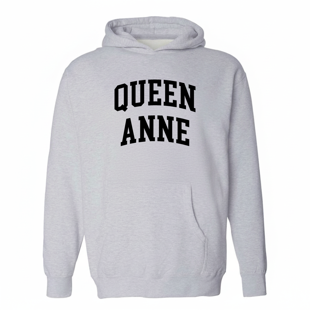 Heather-gray hoodie with the Queen Anne arched varsity lettering design on the chest.