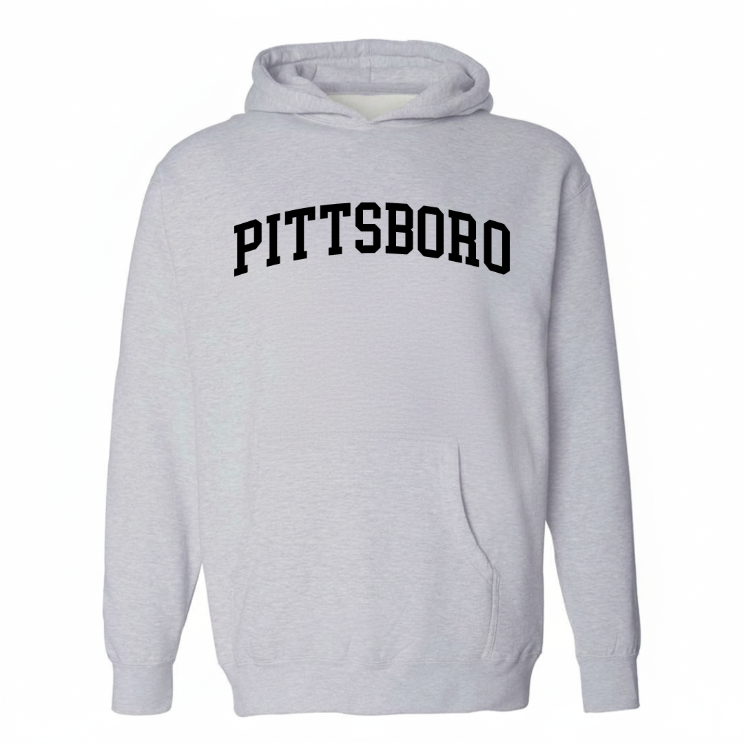 Heather-gray hoodie with the Pittsboro arched varsity lettering design on the chest.