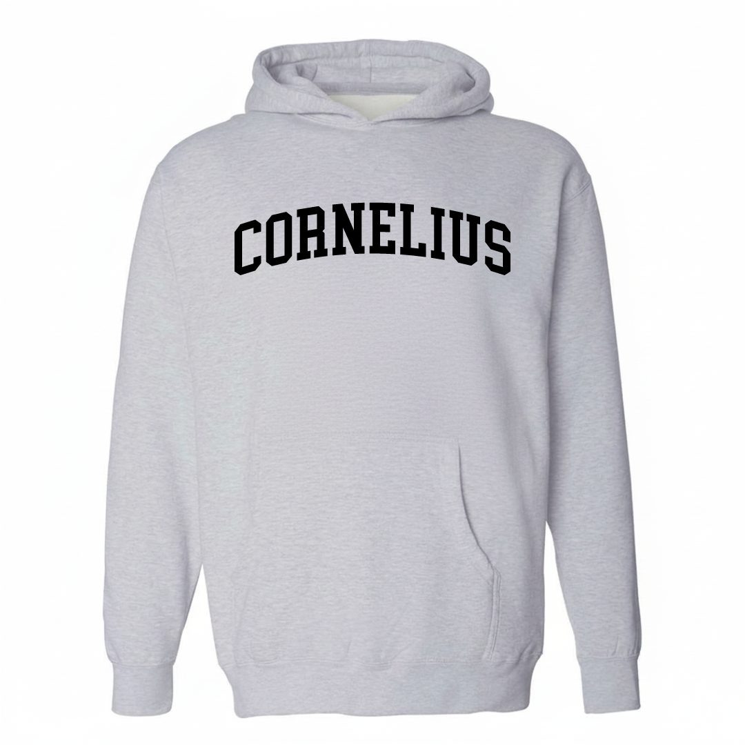 Heather-gray hoodie with the Cornelius varsity arched lettering design on the chest.