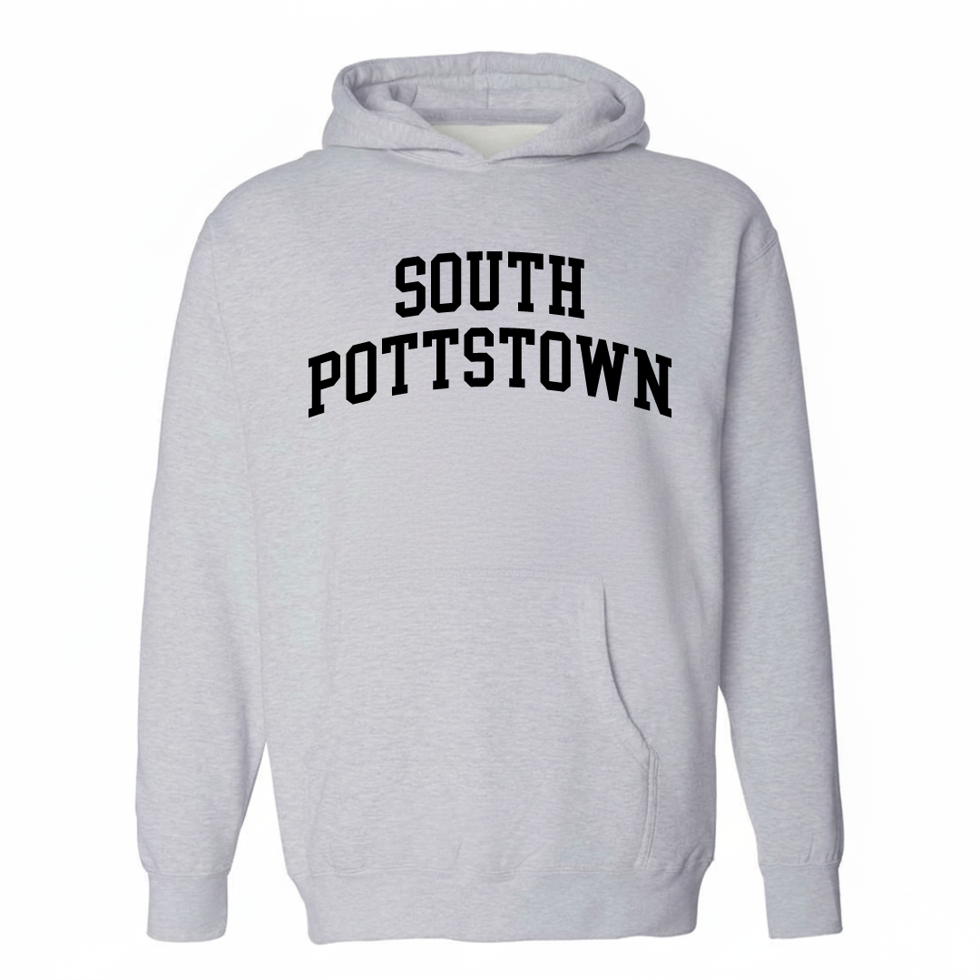 Heather-gray hoodie with the South Pottstown varsity arched lettering design on the chest.