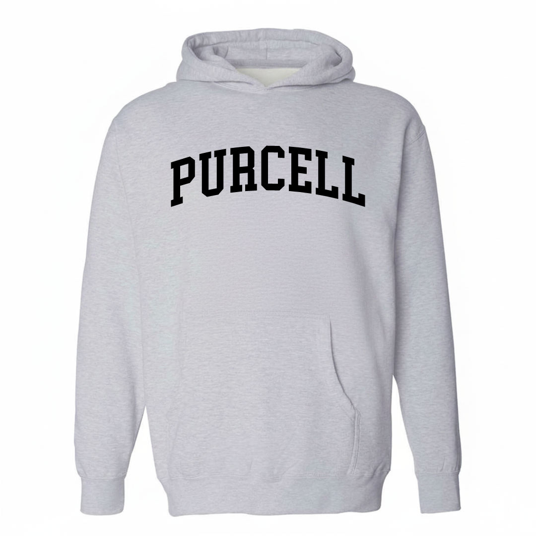 Heather-gray hoodie with the Purcell varsity arched lettering design on the chest.