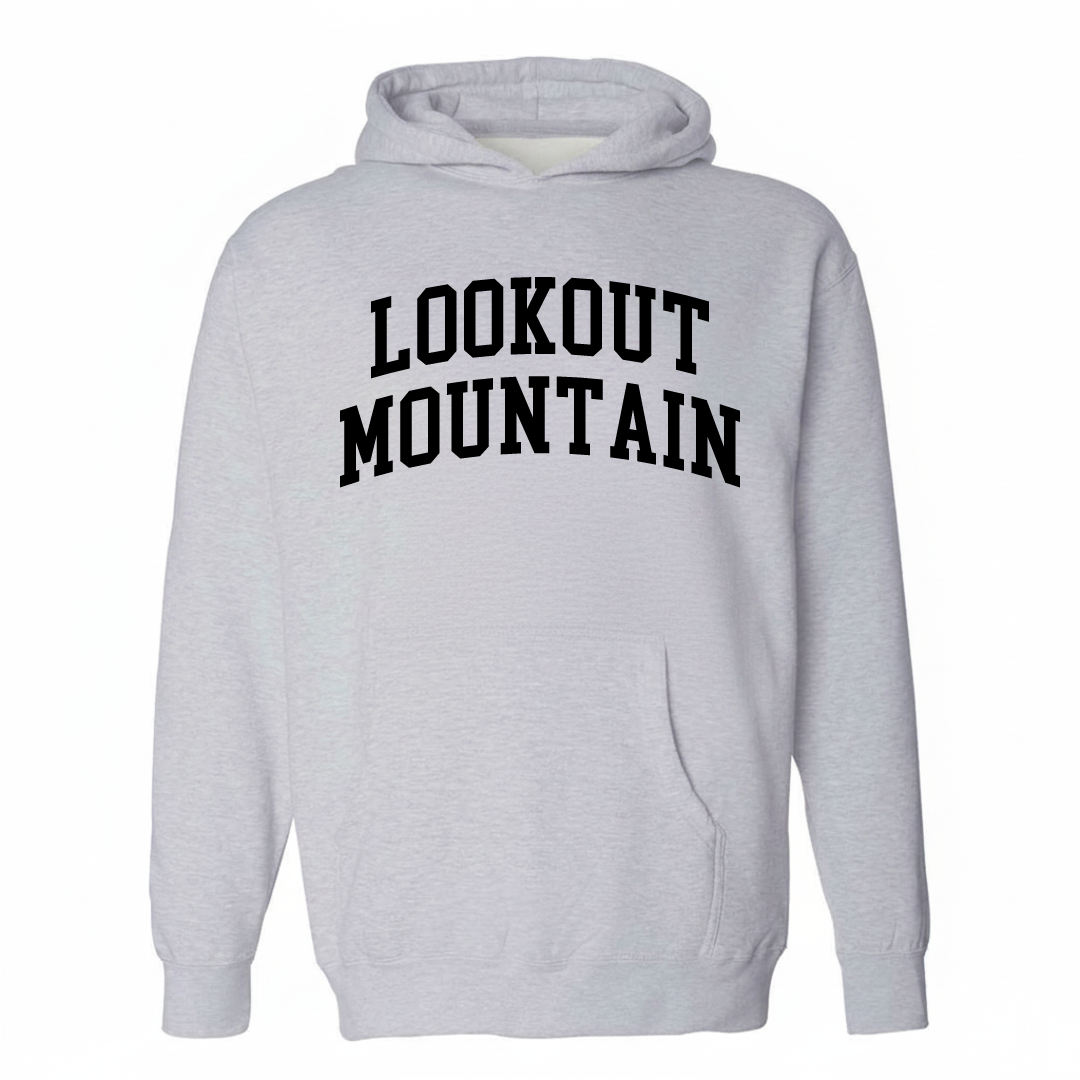 Heather-gray hoodie with the Lookout Mountain varsity arched lettering design on the chest.