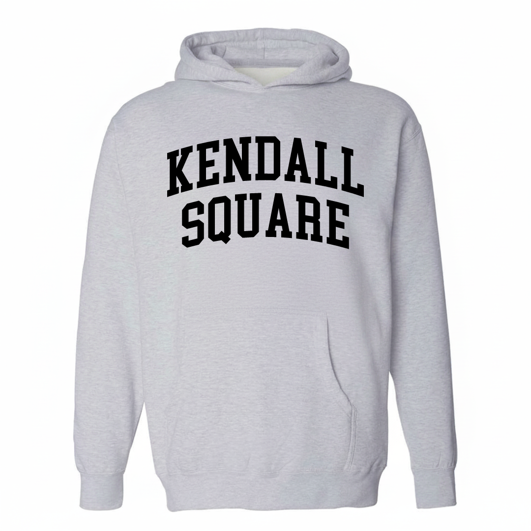 Heather-gray hoodie with the Kendall Square varsity arched lettering design on the chest.