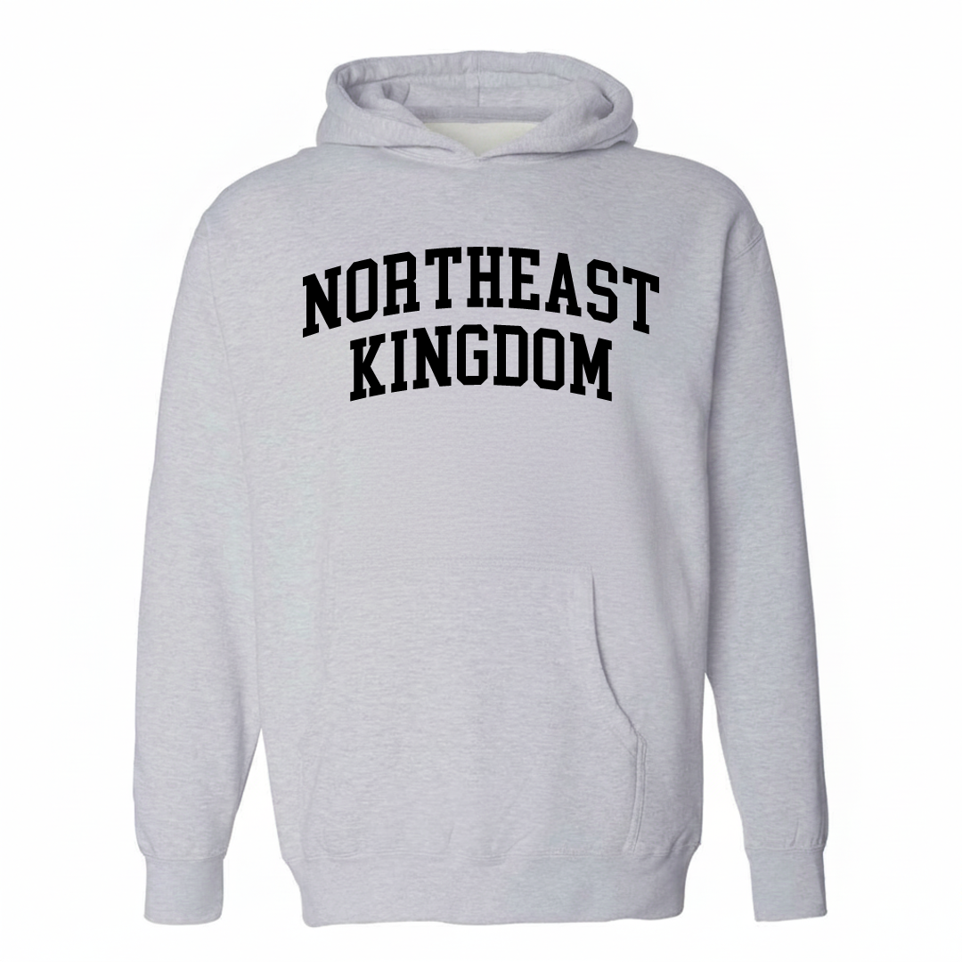 Heather-gray hoodie with the Northeast Kingdom varsity arched lettering design on the chest.