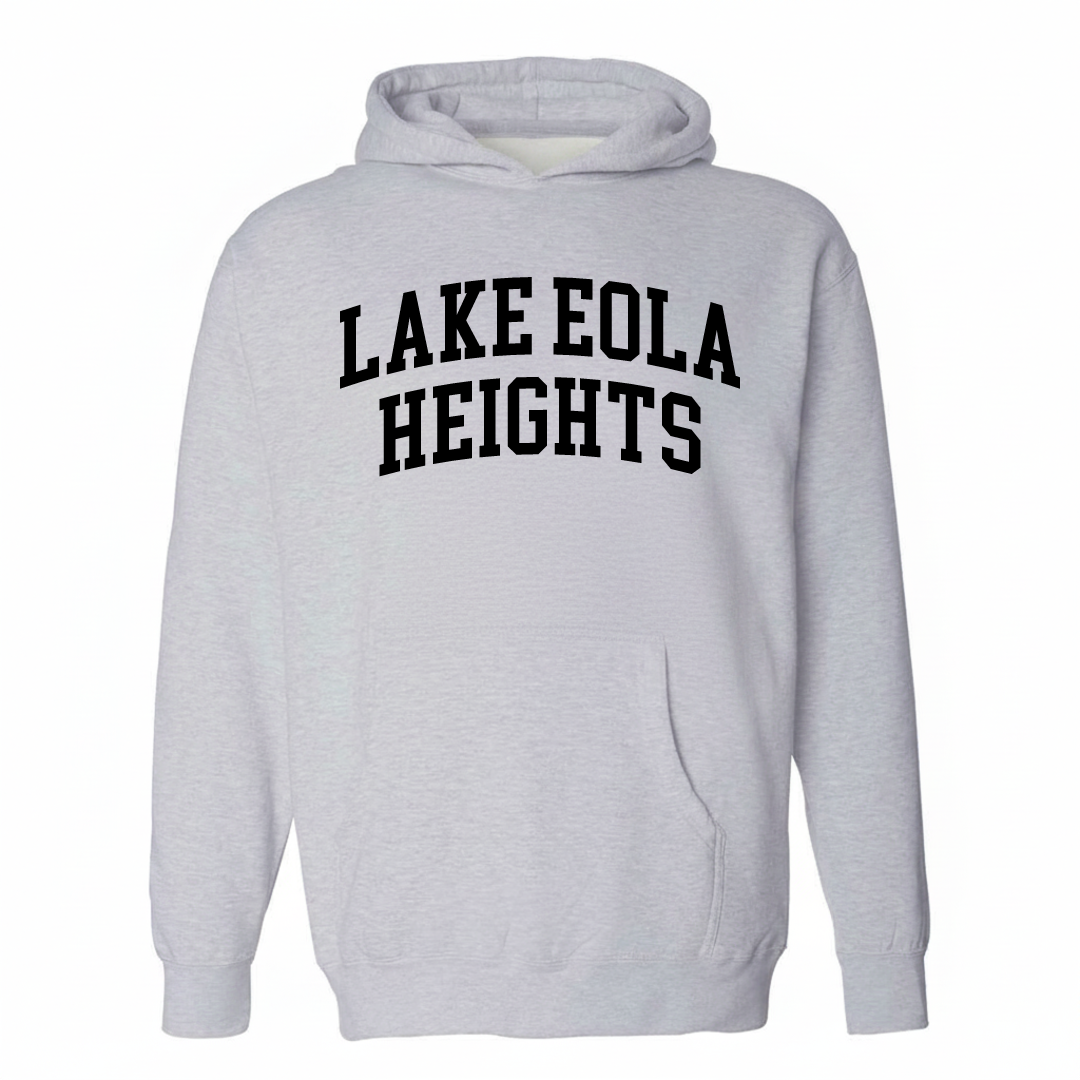 Heather-gray hoodie with the Lake Eola Heights varsity arched lettering design on the chest.