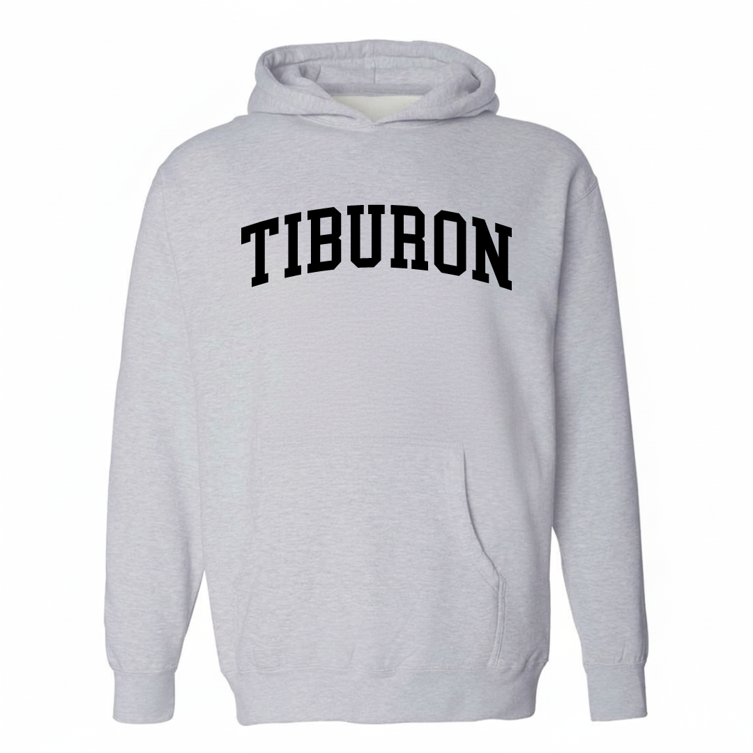 Heather-gray hoodie with the Tiburon varsity arched lettering design on the chest.