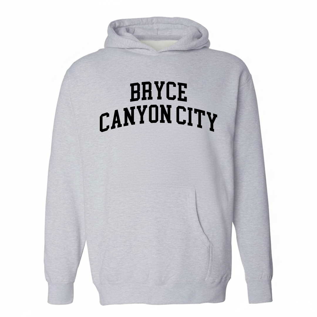 Heather-gray hoodie with the Bryce Canyon City varsity arched lettering design on the chest.