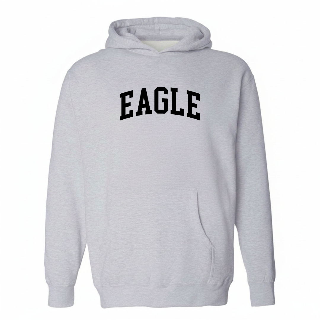 Heather-gray hoodie with the Eagle, WI varsity arched lettering design on the chest.
